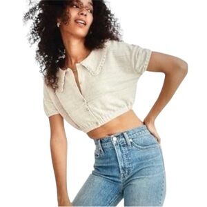 Madewell cropped knit button front top w/peter pants collar. SZ M. 20" length.
